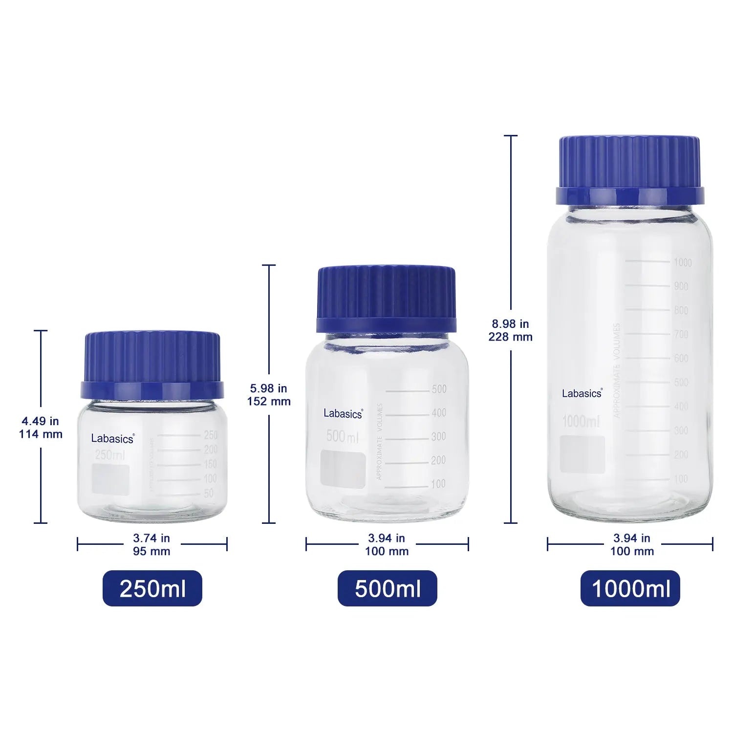 Transparent Media Storage Bottles with GL80 Blue Screw Cap, Soda-Lime Glass, 250-1000 mL Labasics