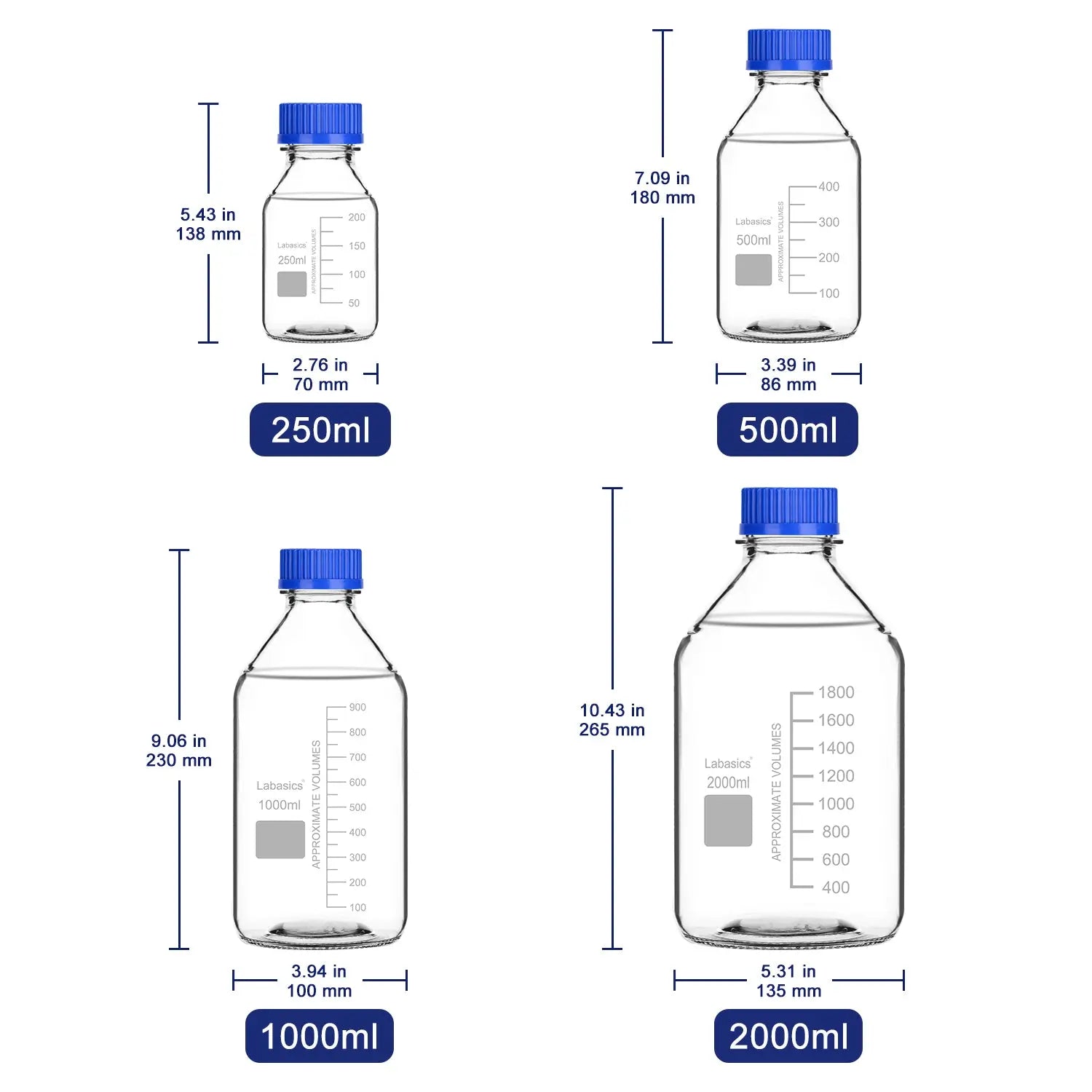 Transparent Media Storage Bottles with GL45 Blue Screw Cap, Soda-Lime Glass, 250-2000 ml Labasics