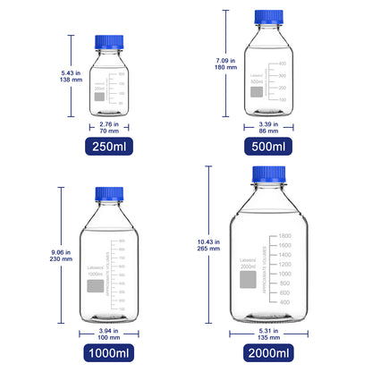Transparent Media Storage Bottles with GL45 Blue Screw Cap, Soda-Lime Glass, 250-2000 mL