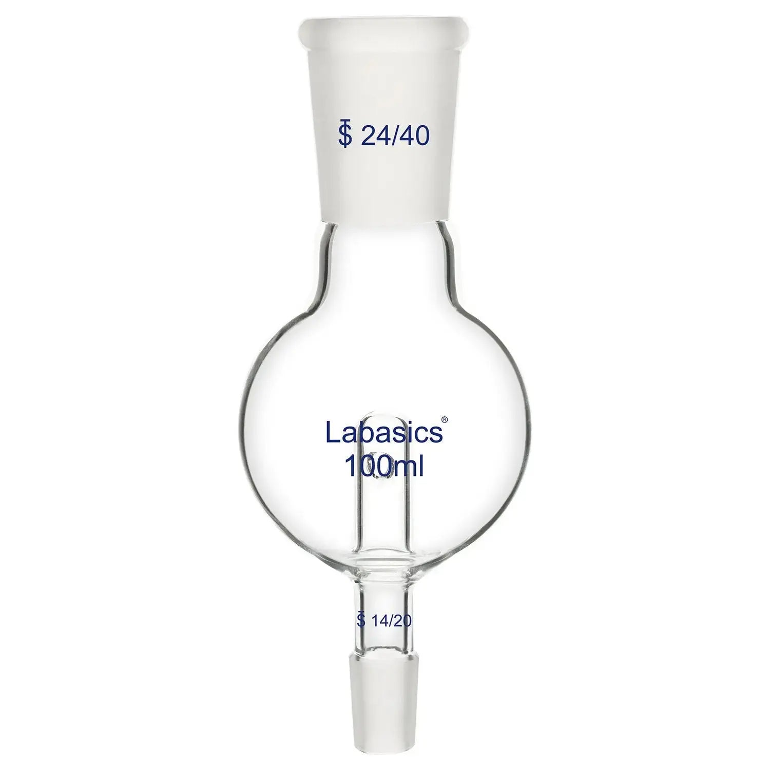Glass rotary evaporator bump trap, 100 ml, borosilicate, 24/40 and 14/20 joints, for laboratory evaporation experiments