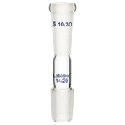 Glass straight reducing adapter with 10/30 outer and 14/20 inner joint, compatible with lab apparatus connections using clips or seals