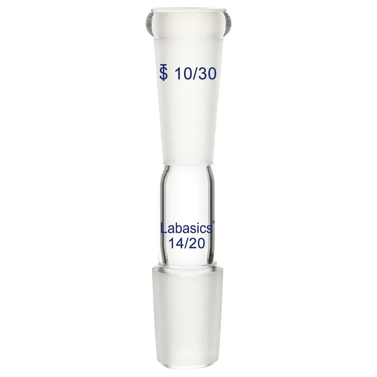 Glass straight reducing adapter with 10/30 outer and 14/20 inner joint, compatible with lab apparatus connections using clips or seals