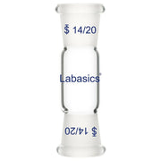 Glass straight connecting adapter with dual 14/20 female joints, suitable for connecting lab apparatus in chemical reaction systems