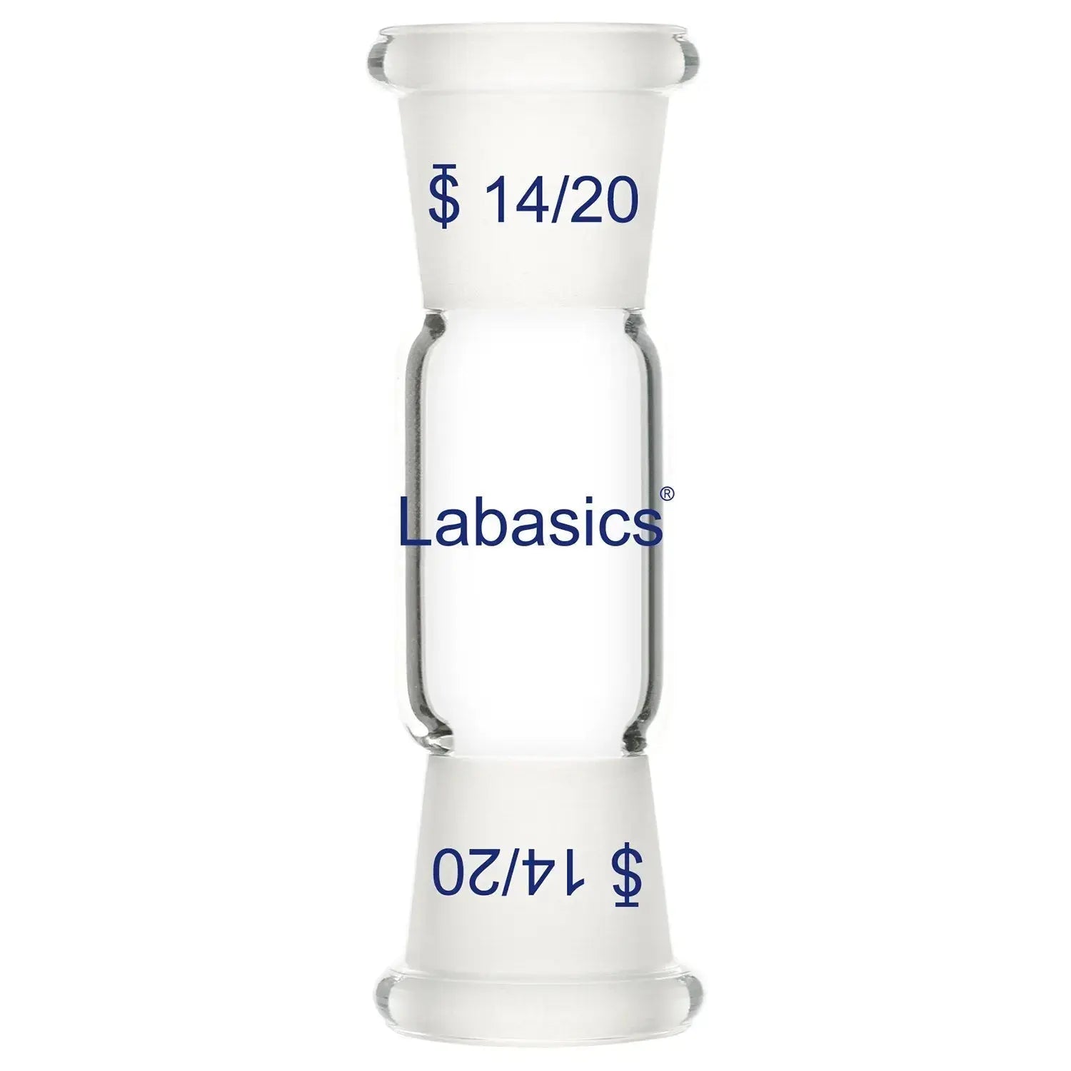 Glass straight connecting adapter with dual 14/20 female joints, suitable for connecting lab apparatus in chemical reaction systems