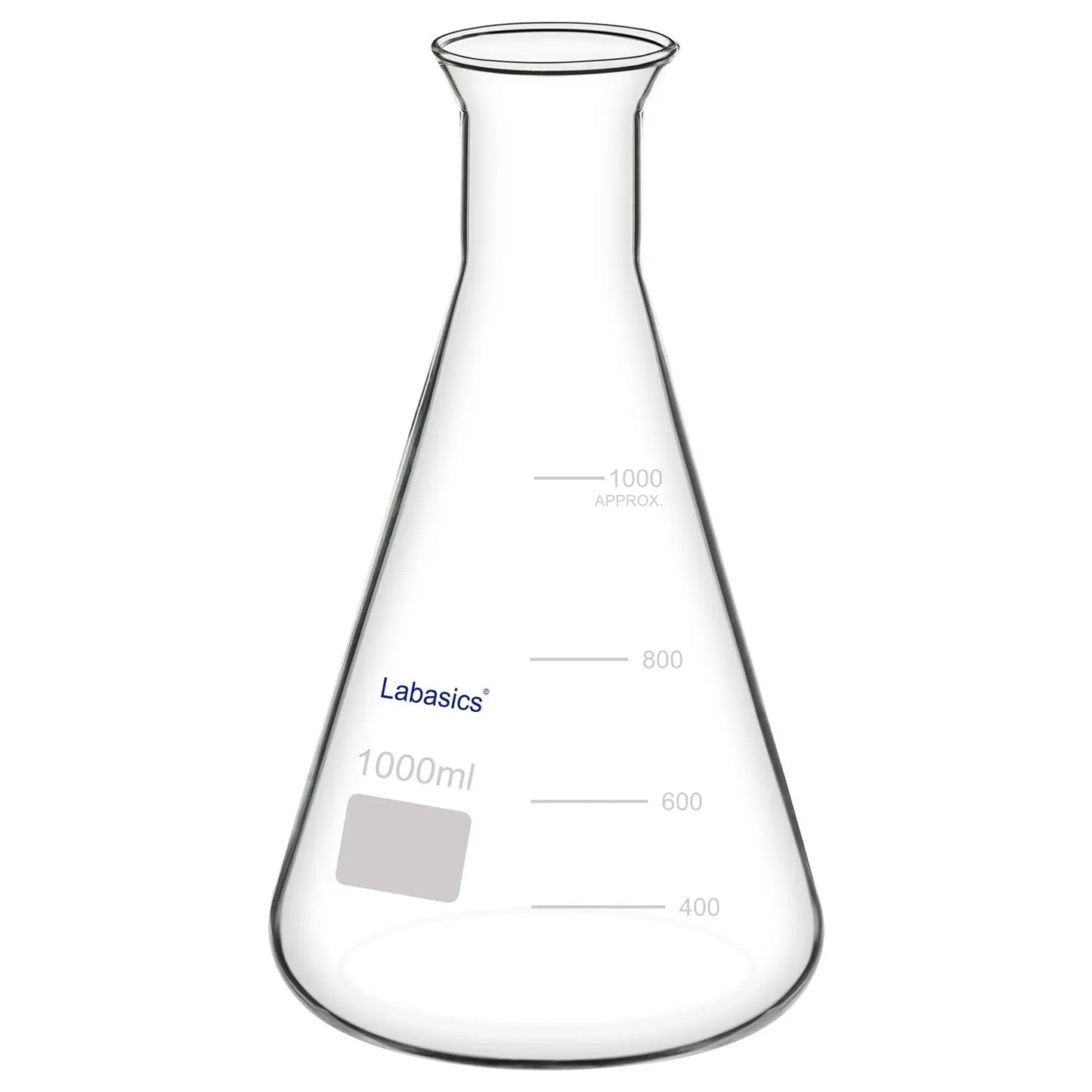 Wide mouth Erlenmeyer flask, 1000 mL (1 L), borosilicate glass, large opening design for easy pouring, mixing, and laboratory reaction work