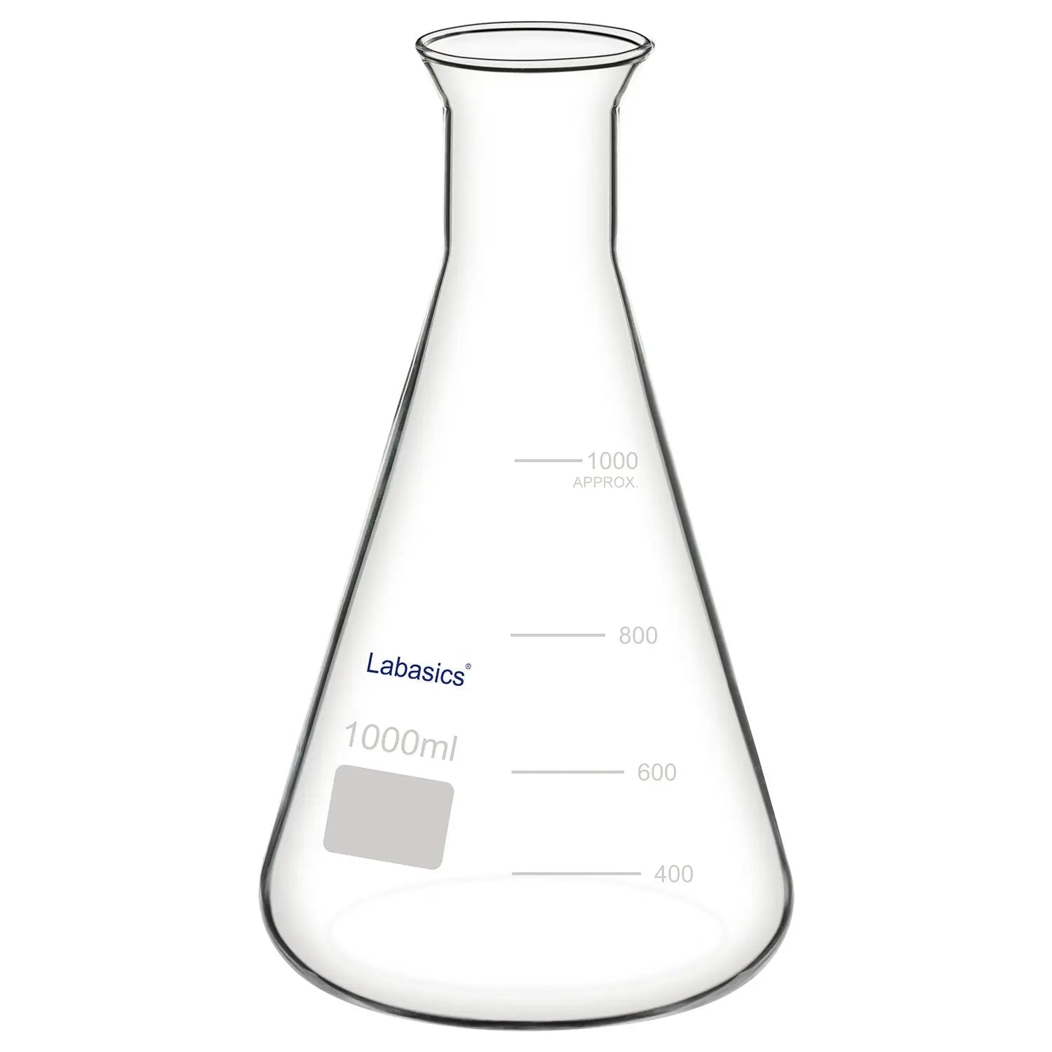 Wide mouth Erlenmeyer flask, 1000 mL (1 L), borosilicate glass, large opening design for easy pouring, mixing, and laboratory reaction work