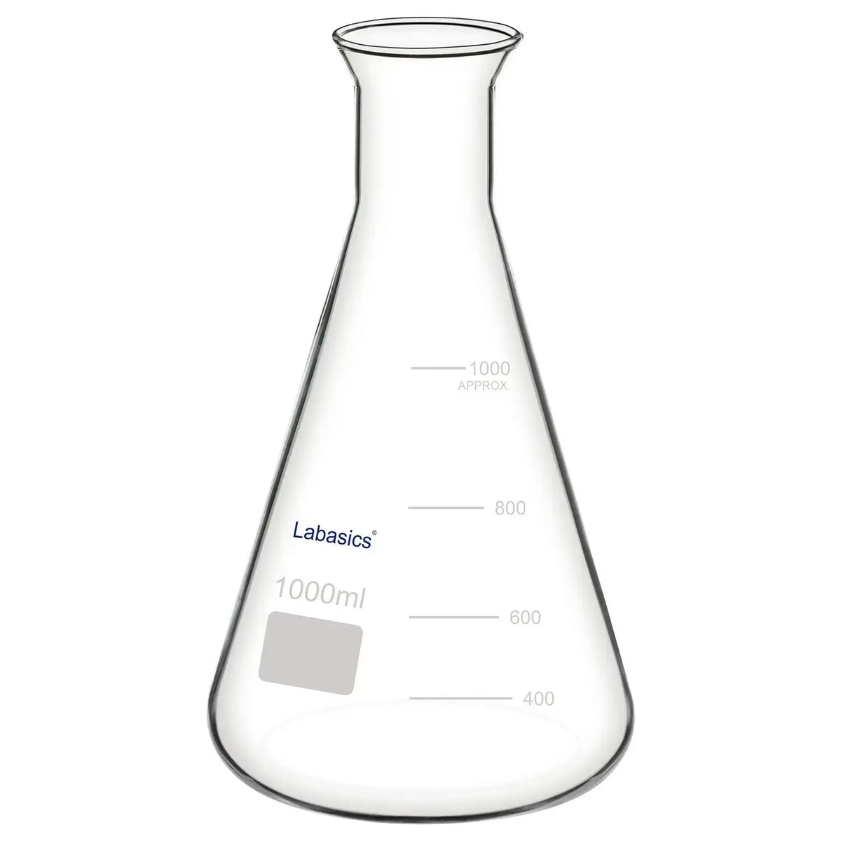 Wide mouth Erlenmeyer flask, 1000 mL (1 L), borosilicate glass, large opening design for easy pouring, mixing, and laboratory reaction work