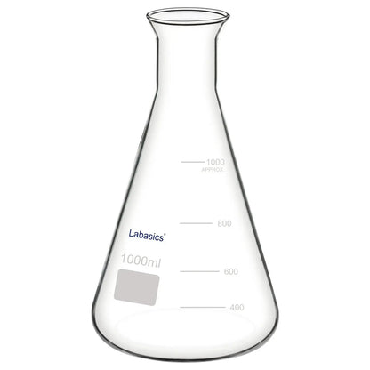 Wide mouth Erlenmeyer flask, 1000 mL (1 L), borosilicate glass, large opening design for easy pouring, mixing, and laboratory reaction work