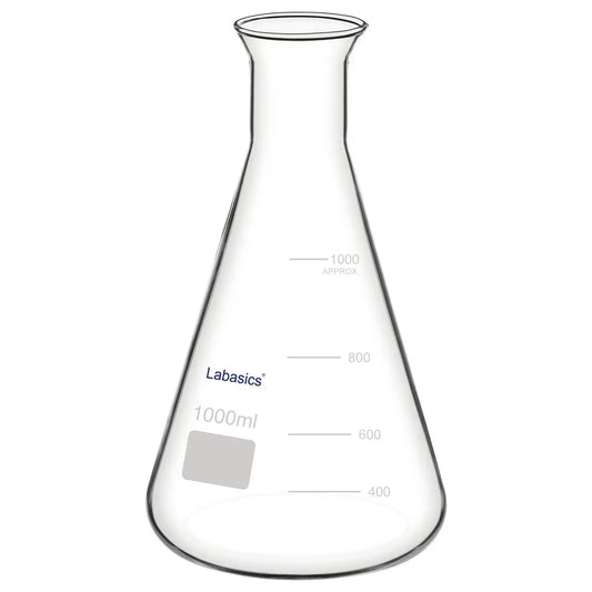 Wide mouth Erlenmeyer flask, 1000 mL (1 L), borosilicate glass, large opening design for easy pouring, mixing, and laboratory reaction work