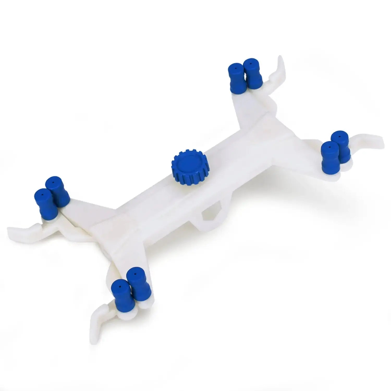 Plastic double burette clamp, ABS construction, adjustable butterfly spring mechanism, rubber grip handles, secure support for burettes during titration experiments