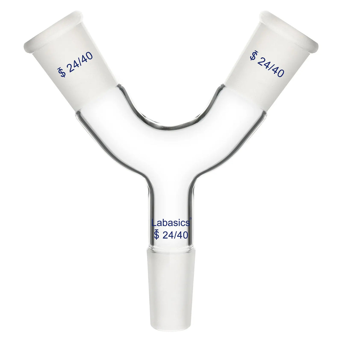 Glass Y-shaped connecting adapter, triple 24/40 joints, reusable for laboratory fluid direction and distillation setups