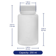 250 mL HDPE wide mouth reagent bottle with labeled dimensions
