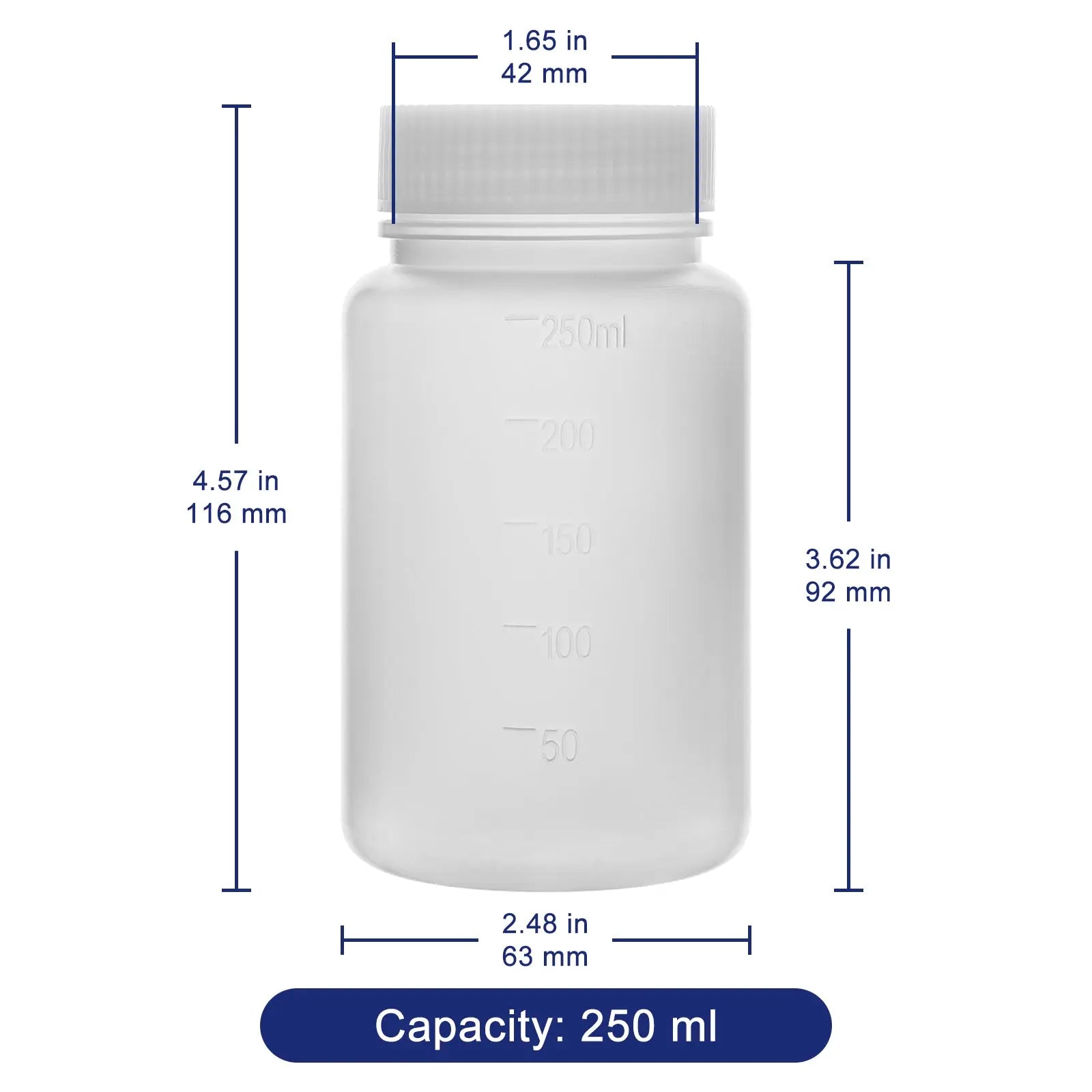250 mL HDPE wide mouth reagent bottle with labeled dimensions