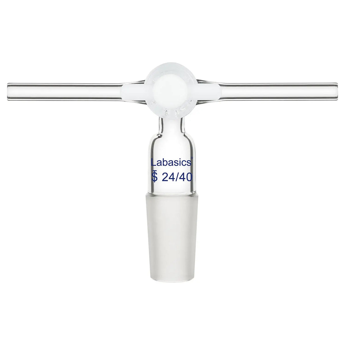 Glass T-shaped vacuum flow control adapter, 24/40 joint, PTFE stopcock, resistant to heat and chemicals, ideal for laboratory experiments