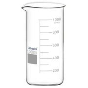 1000 ml tall borosilicate glass beaker with pouring spout, ideal for laboratory mixing, heating, and liquid transfer