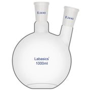 2 neck flat bottom flask, 1000 mL (1 L), borosilicate glass, 24/40 joints, stable base for large-scale laboratory synthesis