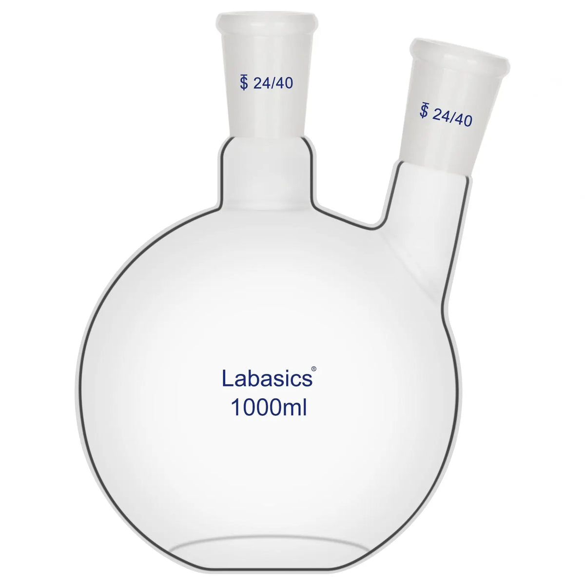 2 neck flat bottom flask, 1000 mL (1 L), borosilicate glass, 24/40 joints, stable base for large-scale laboratory synthesis