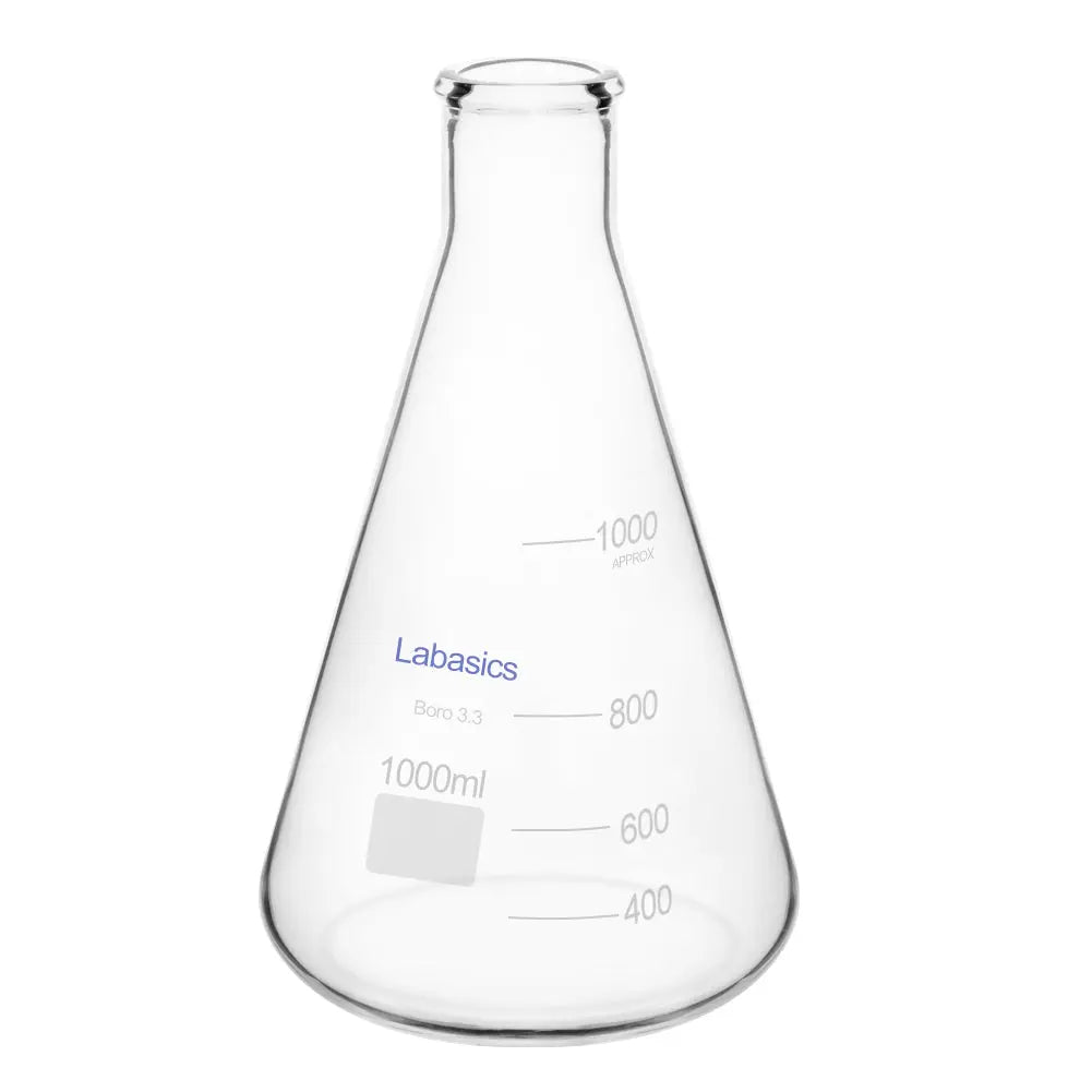 Narrow mouth Erlenmeyer flask, 1000 mL (1 L), borosilicate glass, high temperature resistance, for laboratory mixing and solution preparation