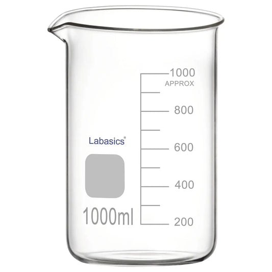 Large 1000 ml borosilicate glass beaker with pouring spout, ideal for lab heating and mixing