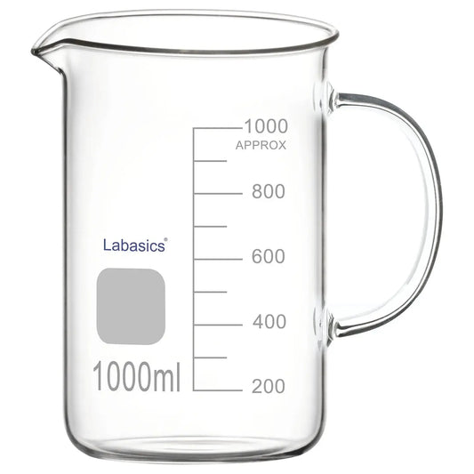 Large borosilicate glass beaker with handle and spout, 1000 ml, ideal for lab heating and solution handling