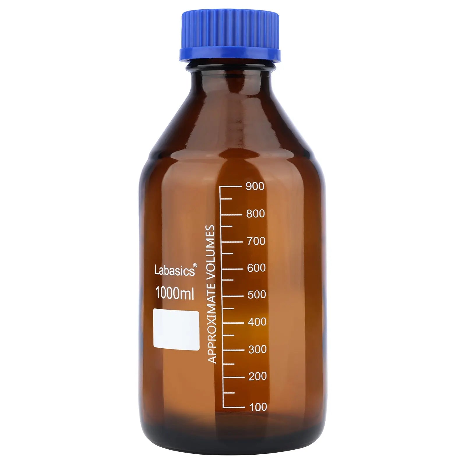 Amber media bottle, 1000 mL (1 L), GL45 cap, soda-lime glass, UV protection, airtight PP lid, graduated for laboratory liquid storage
