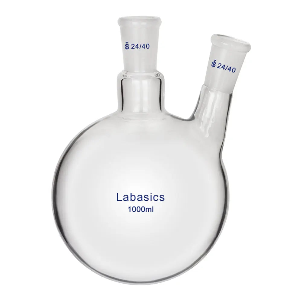 2 neck round bottom flask, 1000 mL (1 L), borosilicate glass, 24/40 joints, hand-blown for multi-connection reaction setups