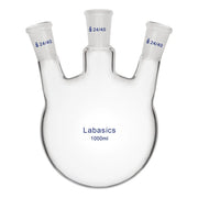 3 neck round bottom flask, 1000 mL (1 L), 24/40 joints, borosilicate glass, hand-blown, for complex laboratory reaction assemblies