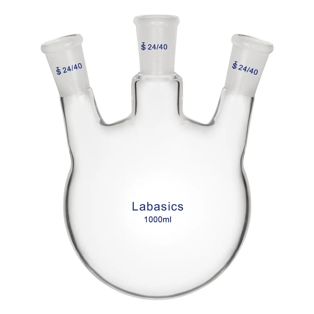 3 neck round bottom flask, 1000 mL (1 L), 24/40 joints, borosilicate glass, hand-blown, for complex laboratory reaction assemblies