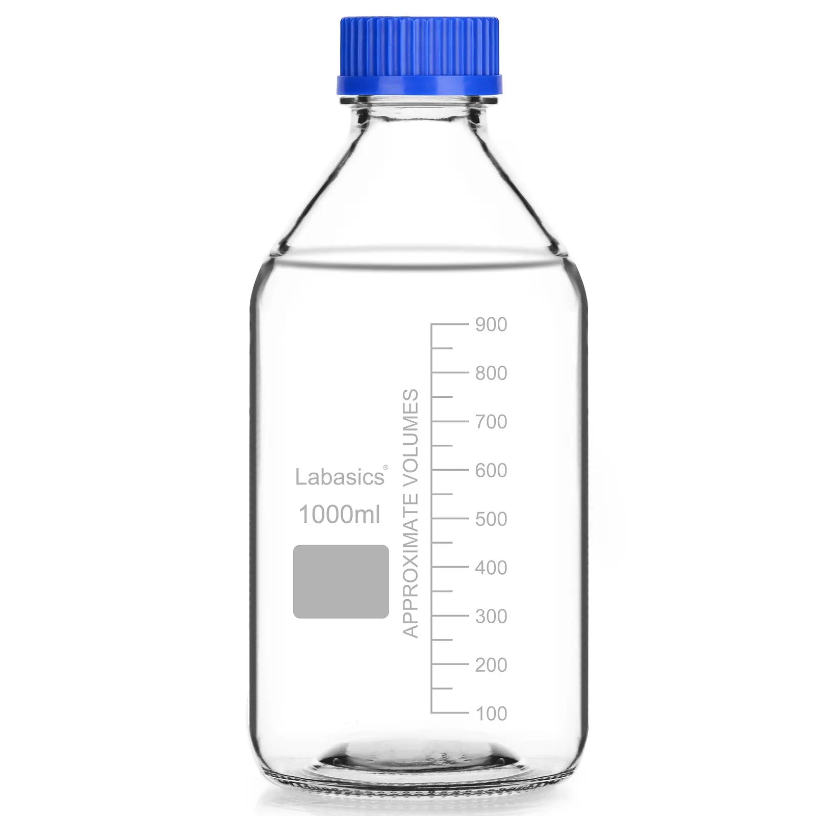 Transparent storage bottle, 1000 mL (1 L), soda-lime glass, GL45 blue cap, leak-proof closure, graduated markings for liquid handling