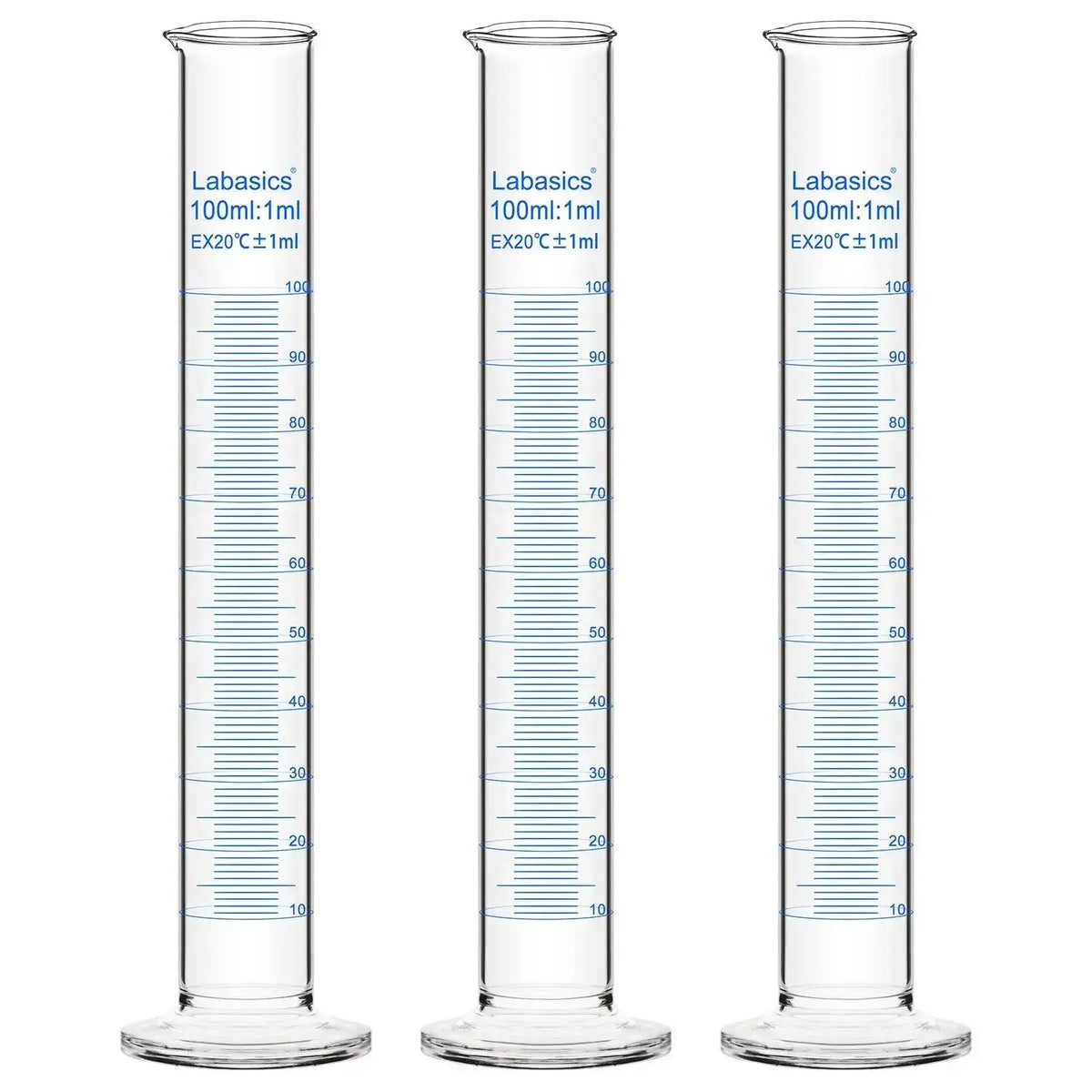 Measuring cylinder, 100 mL, borosilicate glass, easy-to-read metric scale, for laboratory measurement and solution preparation; 3-pack