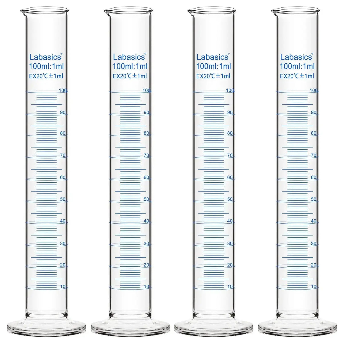 Measuring cylinder, 100 mL, borosilicate glass, easy-to-read metric scale, for laboratory measurement and solution preparation; 4-pack