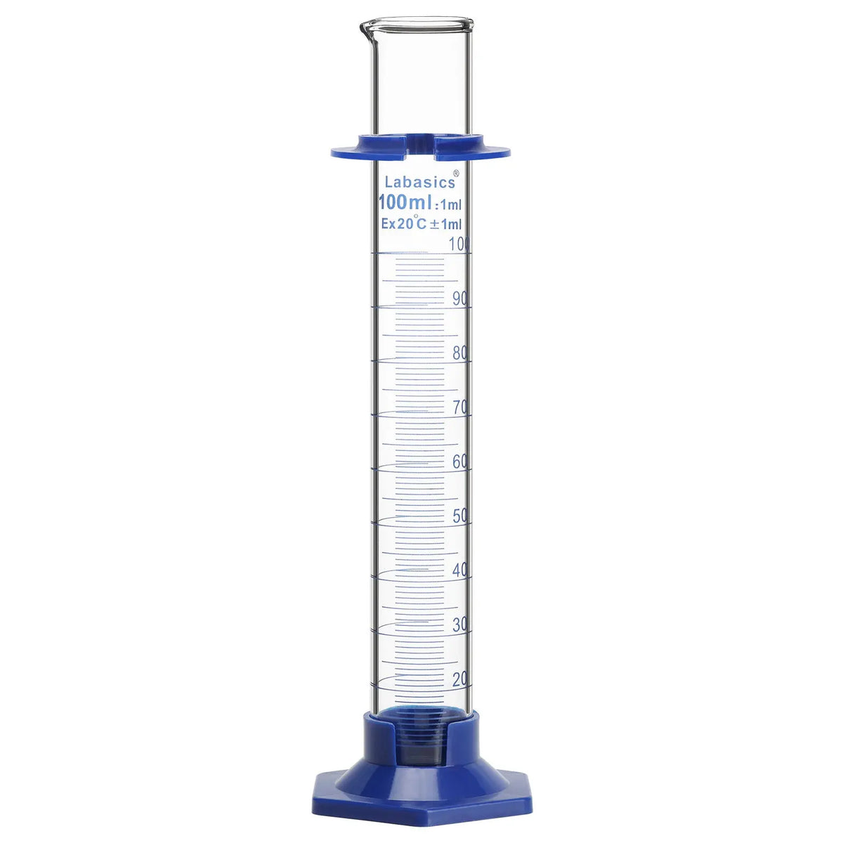 100 mL borosilicate glass graduated cylinder with 1 mL scale and hexagonal base for stable liquid measurement in lab