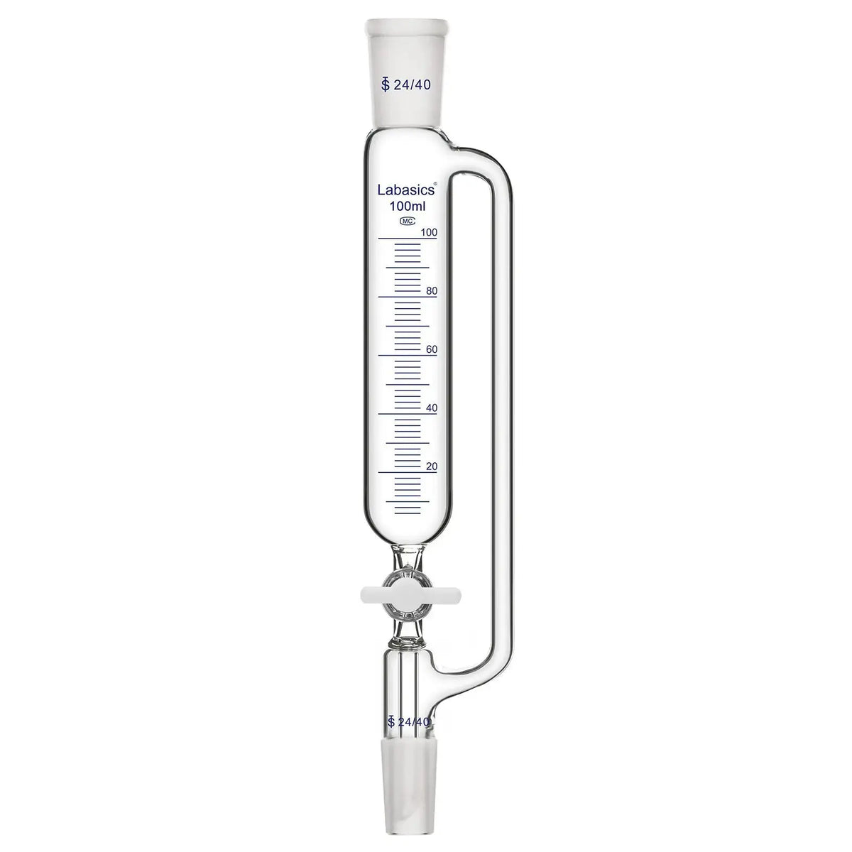100ml graduated pressure equalizing addition funnel, borosilicate glass with PTFE stopcock, ideal for controlled stepwise reagent addition