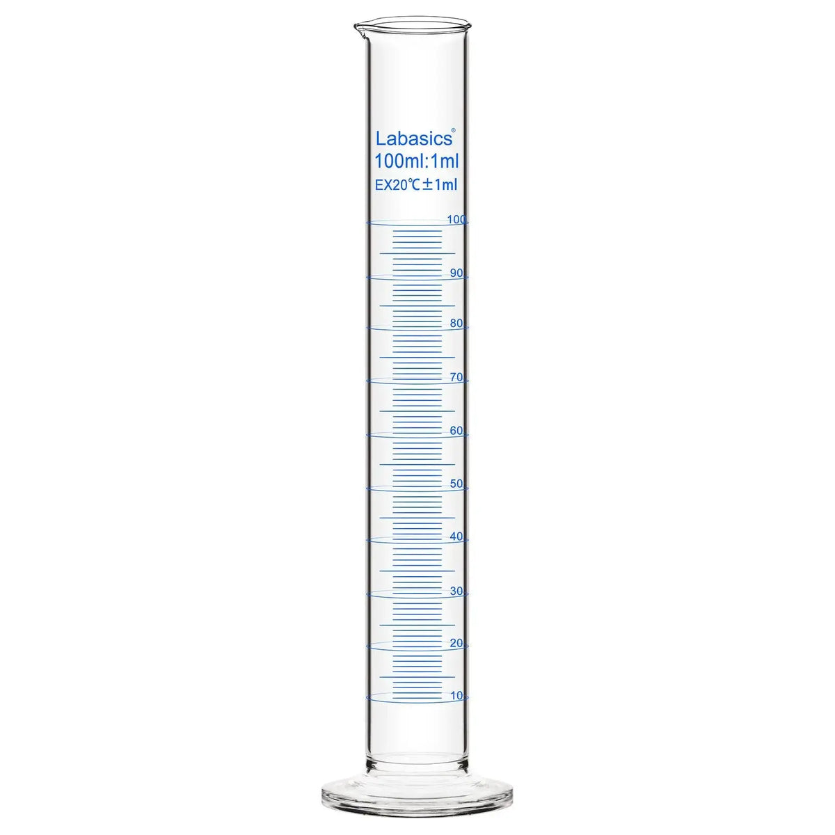 Measuring cylinder, 100 mL, borosilicate glass, easy-to-read metric scale, for laboratory measurement and solution preparation