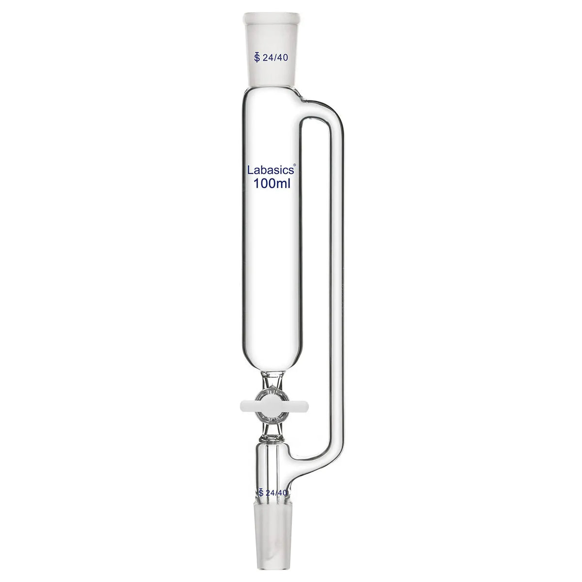 100ml cylindrical lab addition funnel with PTFE stopcock, borosilicate glass, 24/40 joints for controlled reagent addition
