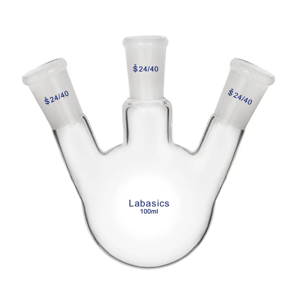 3 neck round bottom flask, 100 mL, 24/40 joint connections, borosilicate glass, angled necks for controlled lab distillation and mixing