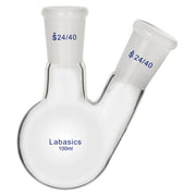 2 neck round bottom flask, 100 mL, borosilicate glass, 24/40 joints, angled necks for controlled mixing and distillation setups