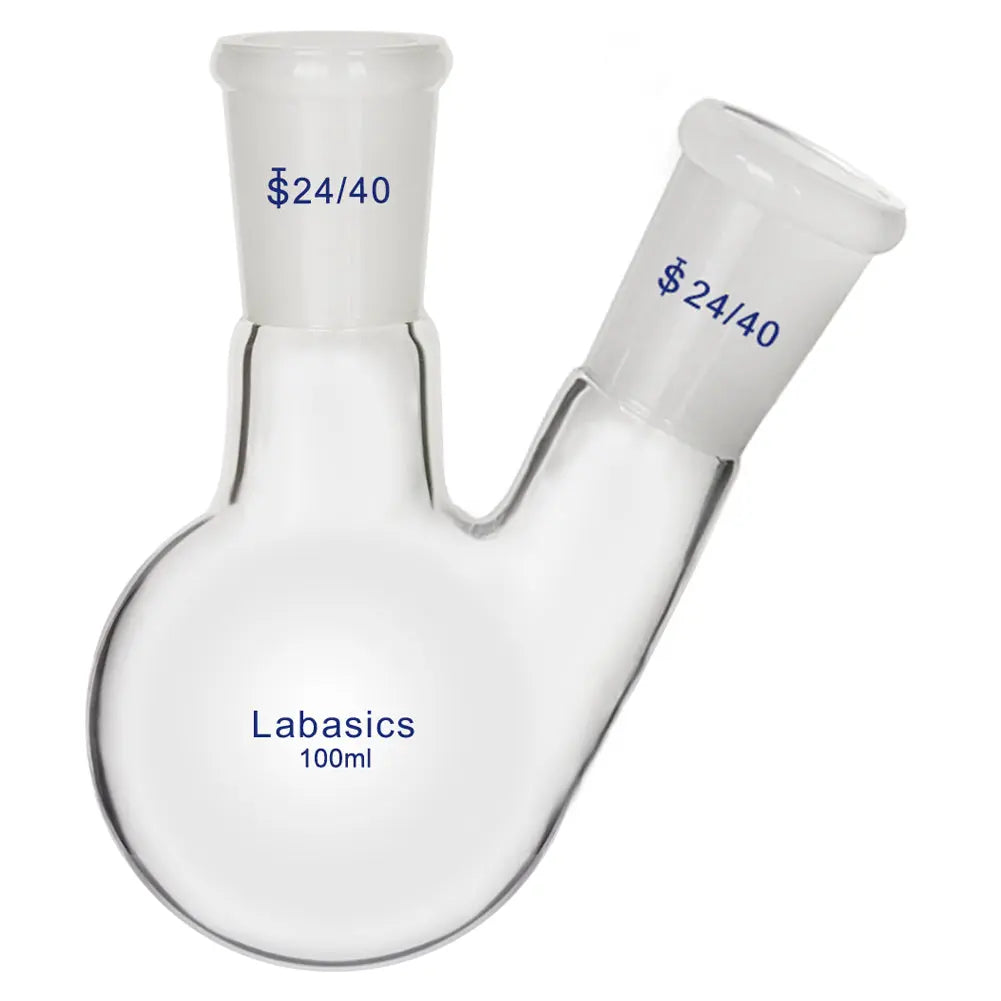 2 neck round bottom flask, 100 mL, borosilicate glass, 24/40 joints, angled necks for controlled mixing and distillation setups