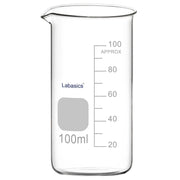 Laboratory 100 ml tall glass beaker with spout for precise measurement and transfer
