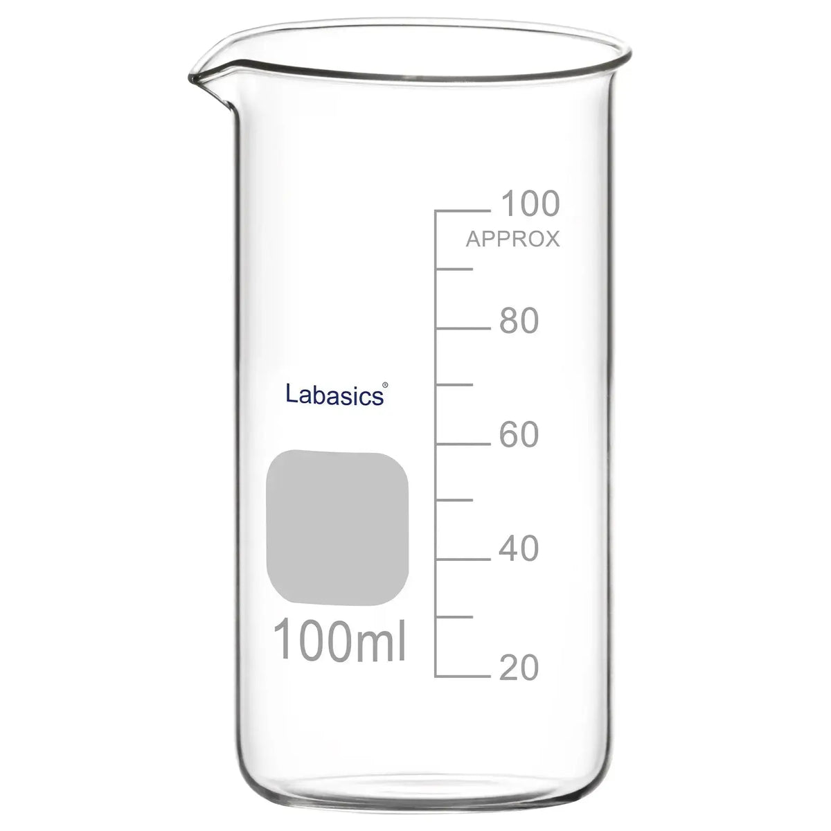Laboratory 100 ml tall glass beaker with spout for precise measurement and transfer