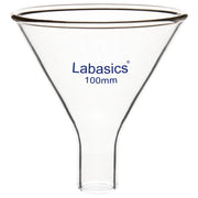 Glass powder funnel, 100 mm top diameter, borosilicate glass, short stem 22 mm, heavy duty reusable funnel for laboratory powder handling