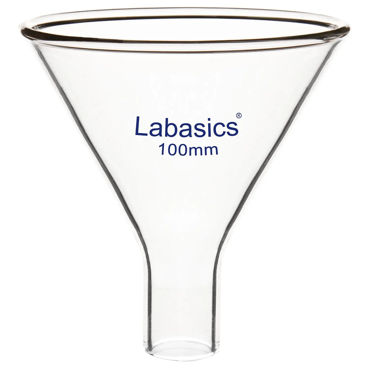 Glass powder funnel, 100 mm top diameter, borosilicate glass, short stem 22 mm, heavy duty reusable funnel for laboratory powder handling