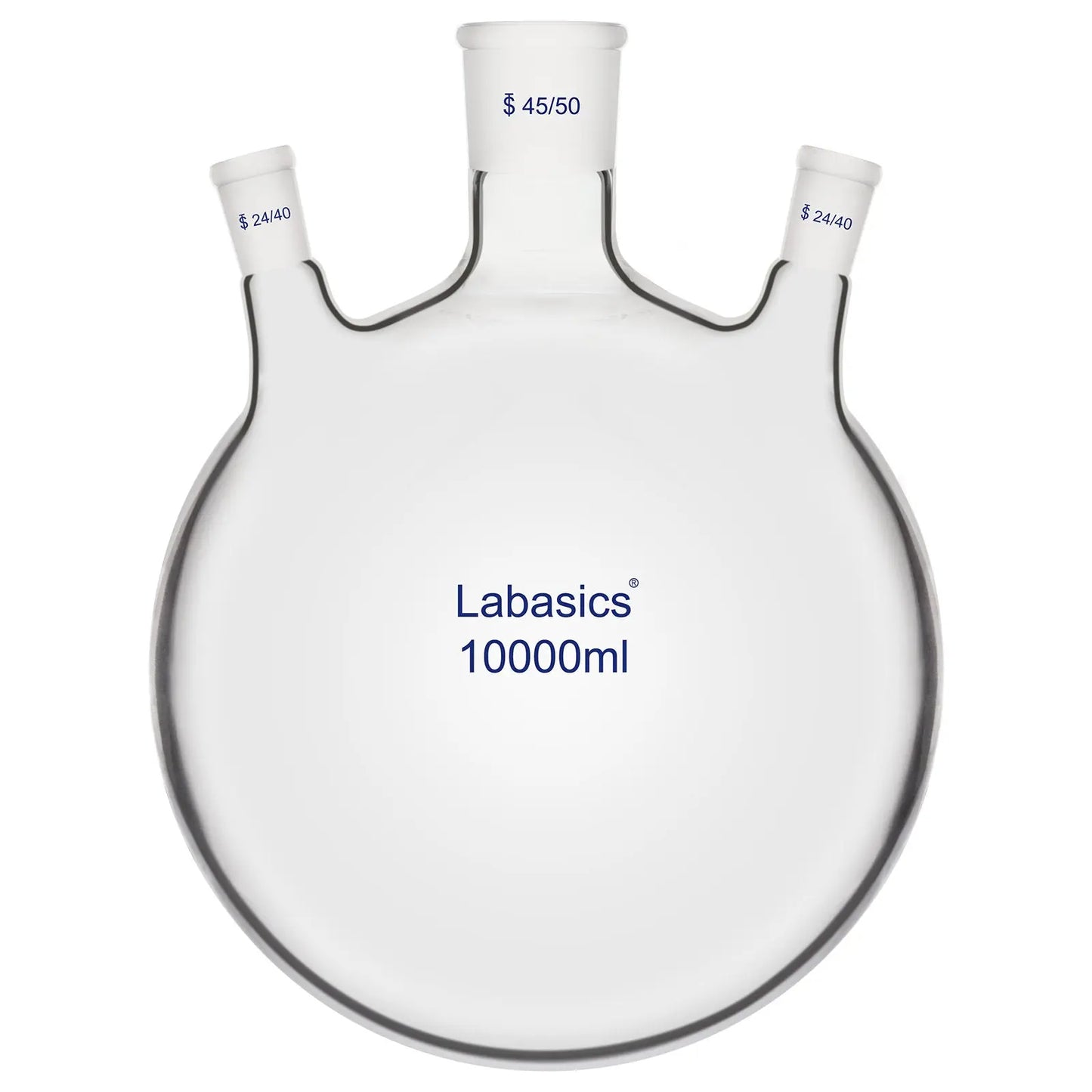 10000 ml heavy duty 3-neck boiling flask featuring 45/50 center and 24/40 side ground joints.