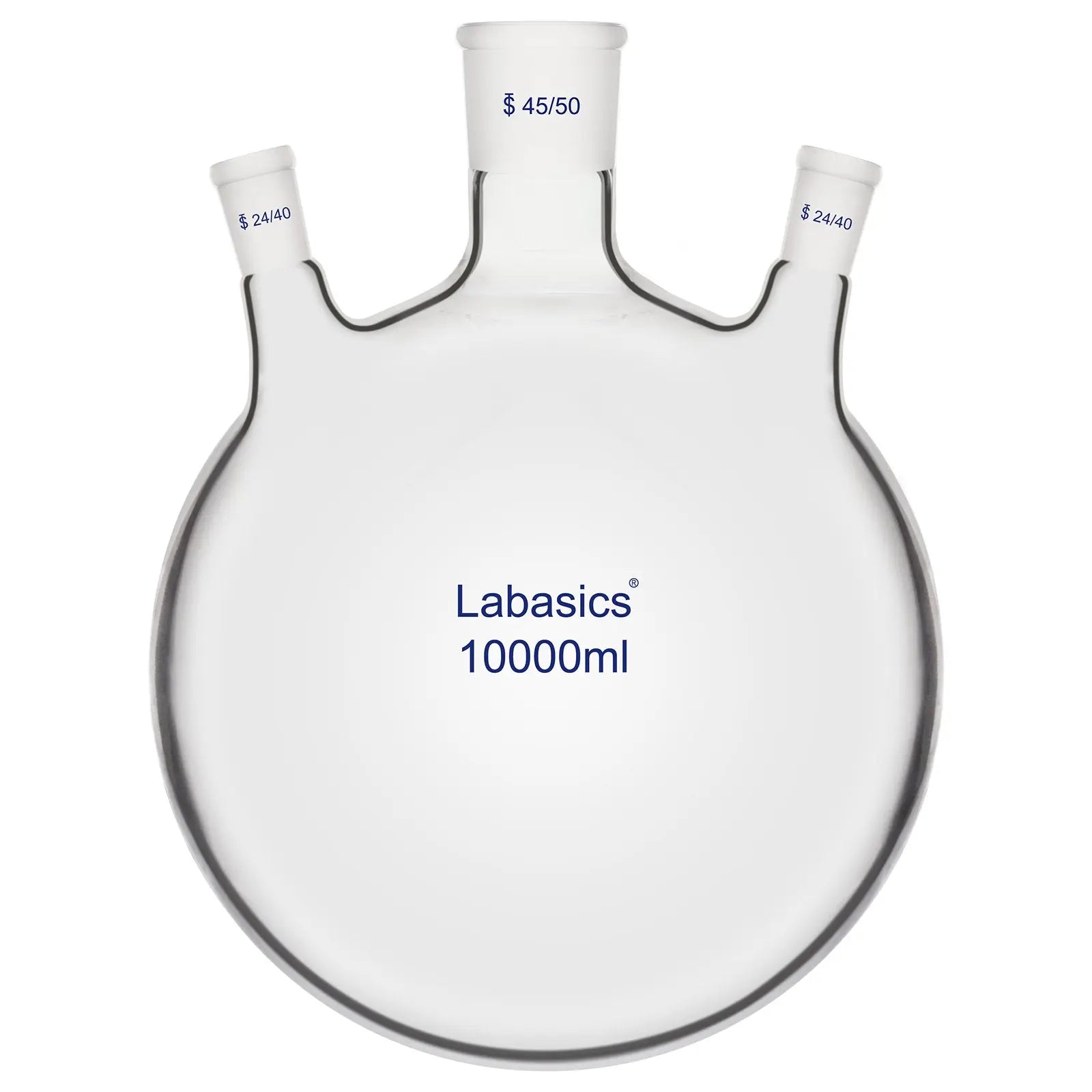 10000 ml heavy duty 3-neck boiling flask featuring 45/50 center and 24/40 side ground joints.