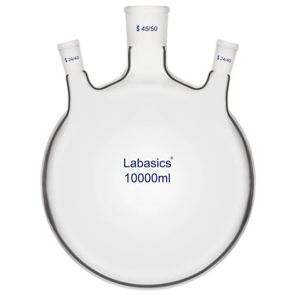 10000 ml heavy duty 3-neck boiling flask featuring 45/50 center and 24/40 side ground joints.