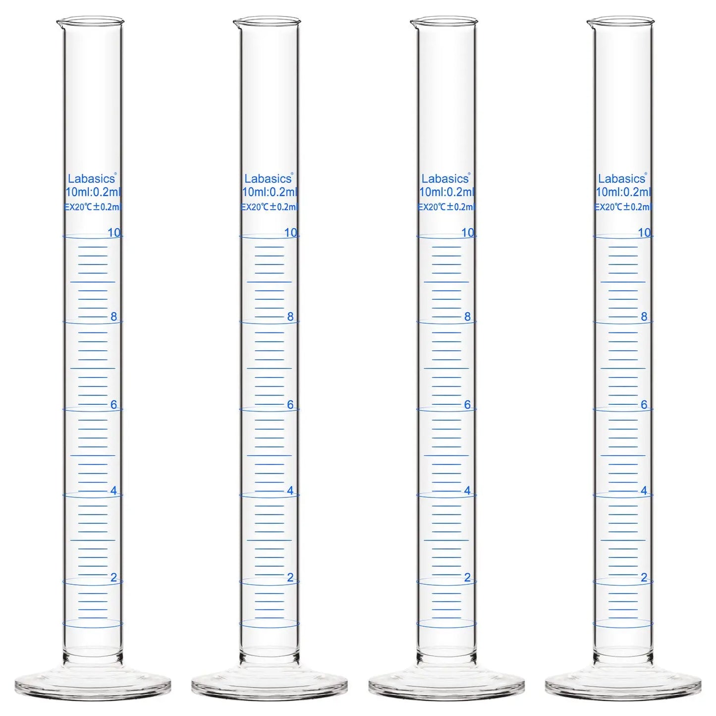 Graduated measuring cylinder, 10 mL, borosilicate glass, clear metric scale, narrow body for precise small-volume liquid measurement; 4-pack