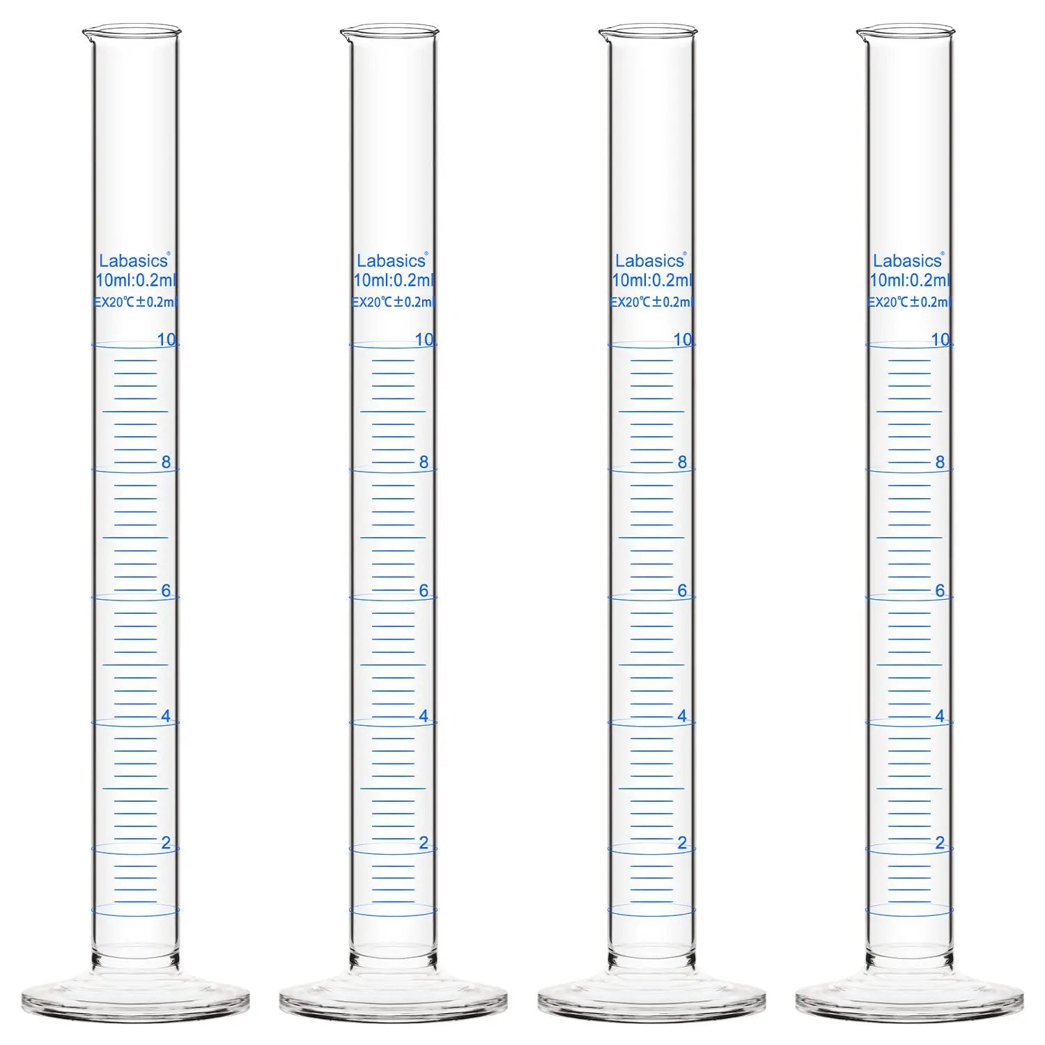 Graduated measuring cylinder, 10 mL, borosilicate glass, clear metric scale, narrow body for precise small-volume liquid measurement; 4-pack