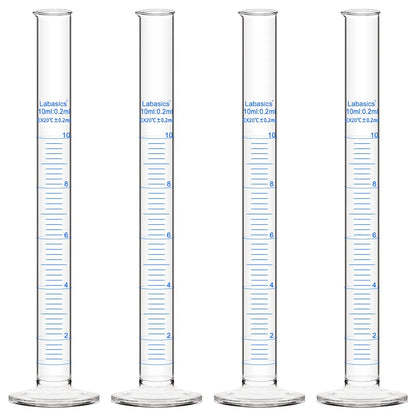 Graduated measuring cylinder, 10 mL, borosilicate glass, clear metric scale, narrow body for precise small-volume liquid measurement; 4-pack