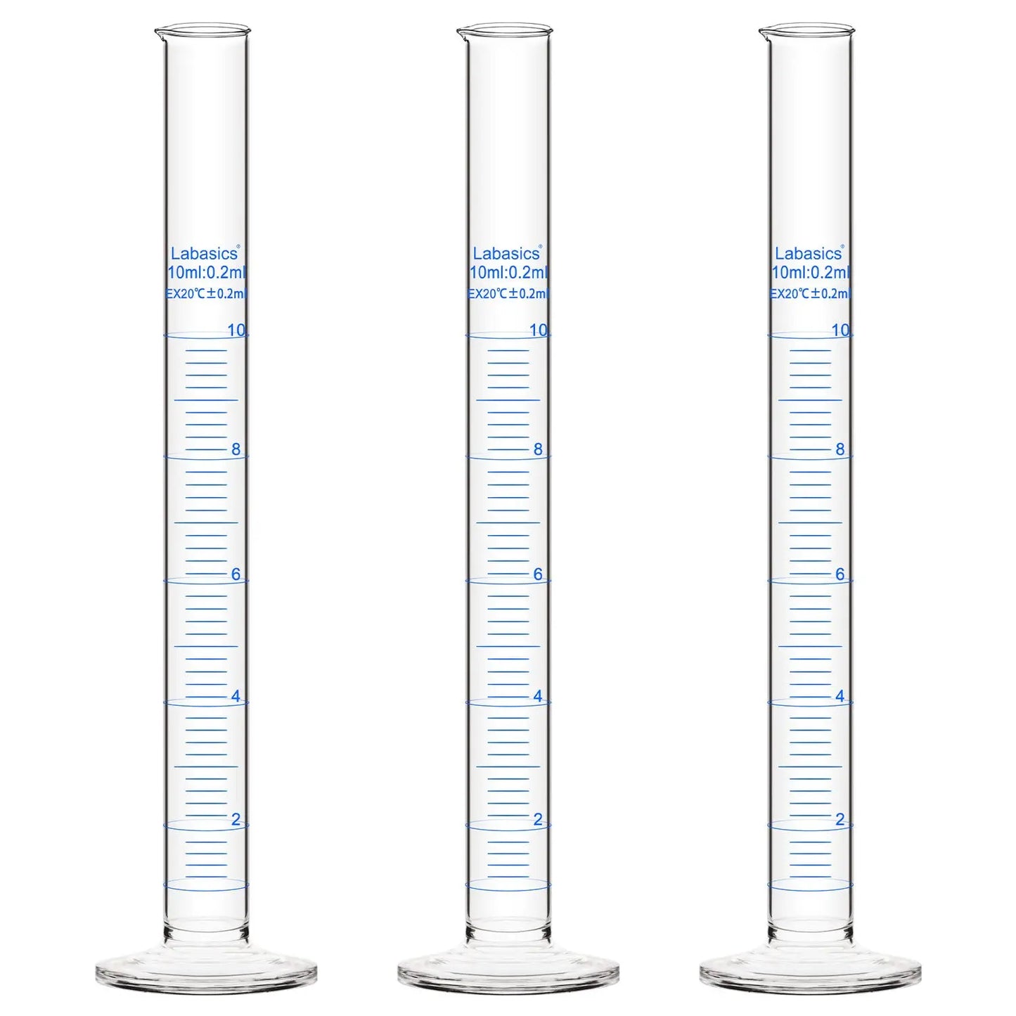 Graduated measuring cylinder, 10 mL, borosilicate glass, clear metric scale, narrow body for precise small-volume liquid measurement; 3-pack