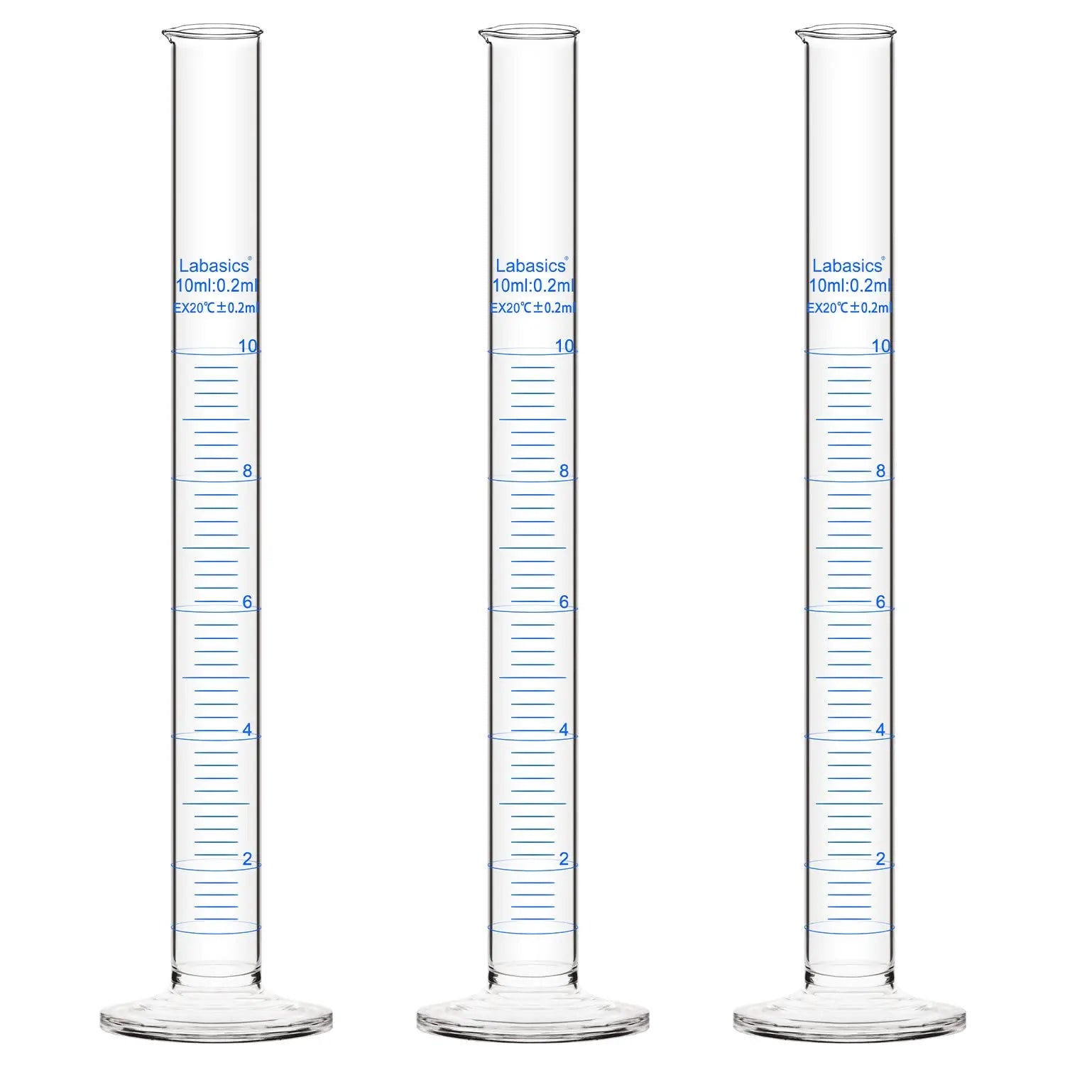 Graduated measuring cylinder, 10 mL, borosilicate glass, clear metric scale, narrow body for precise small-volume liquid measurement; 3-pack